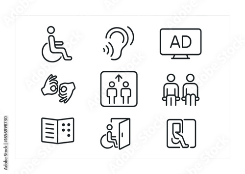 Accessible Theater Icons. Outline icon set of accessible theater features: wheelchair seat, assistive hearing