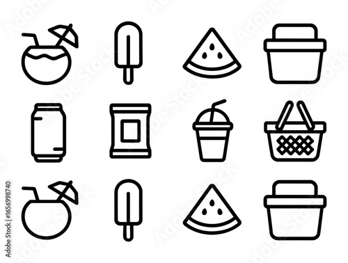 Beachside Refreshments Icons. Outline icon set of beachside refreshments: coconut drink, popsicle, watermelon
