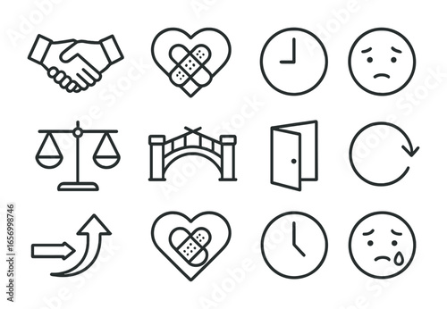 Forgiveness Icon Set. Outline icon set of forgiveness and trust repair: handshake icon, heart bandage, time