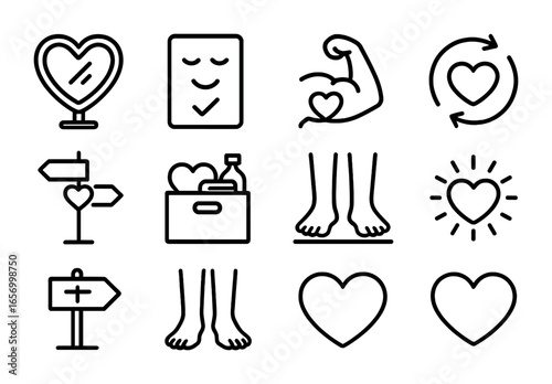 Self-Love Icon Set. Outline icon set of self-love and confidence after betrayal: heart mirror, daily