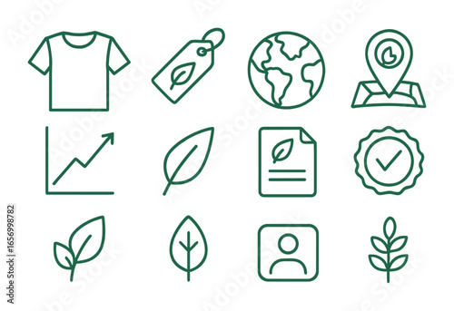 Eco Fashion Icons. Outline icon set of eco-conscious clothing brands: green t-shirt, eco tag, globe icon,