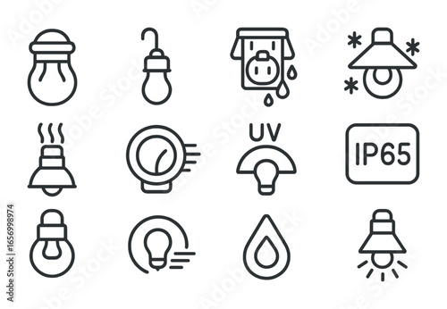 Weatherproof Lighting Icons. Outline icon set of weatherproof lighting fixtures: sealed bulb, rubber cable,