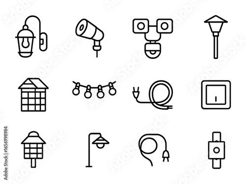 Outdoor Lighting Icons. Outline icon set of outdoor lighting installation: wall sconce, garden spotlight,