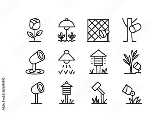 Garden Lighting Icons. Outline icon set of nighttime garden lighting: rose light, flowerbed lamp, trellis