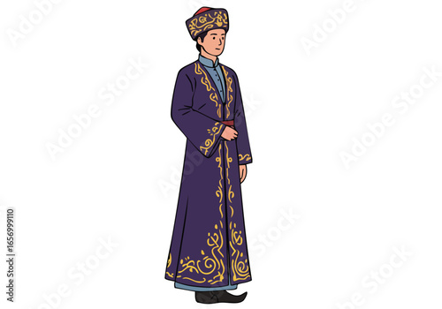 A dignified Uzbek man in traditional attire stands gracefully.  Bold colors and intricate embroidery showcase cultural heritage.  Ideal for diverse commercial projects.