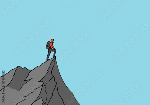 A hiker stands triumphantly atop a mountain peak, conquering fear and reaching new heights. Bold graphic style, minimalist design.