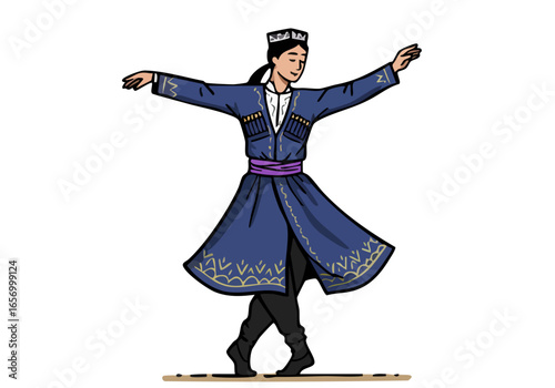A joyful Lazgi dancer performs in traditional attire, showcasing vibrant colors and dynamic movement. This illustration captures cultural heritage and celebratory spirit.