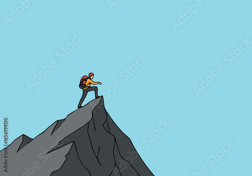 A hiker conquers a mountain peak, symbolizing overcoming challenges. Bold graphic style, vibrant colors, and a strong composition create a motivational image.