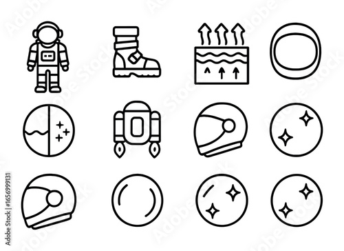 Space Fashion Icons. Outline icon set of space-inspired fashion: astronaut suit, zero-gravity boots, thermal
