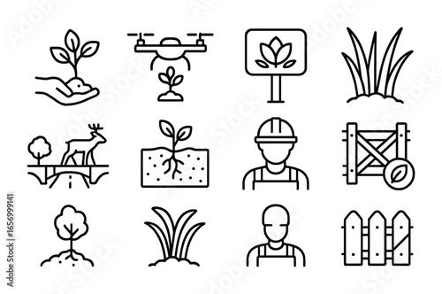 Habitat Restoration Icons. Outline icon set of habitat restoration projects: tree planting, reforestation