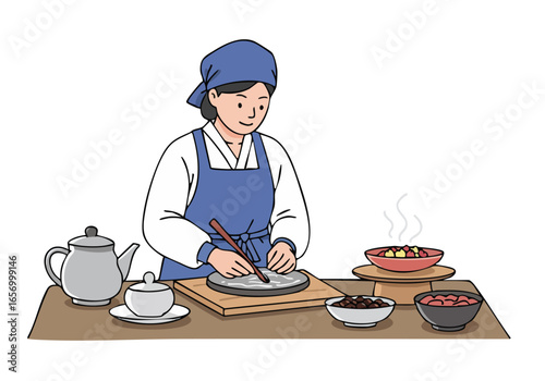 Korean woman skillfully prepares rice cake (tteok) in a traditional setting Warm colors and a rustic table create a comforting scene Perfect for food culture or lifestyle visuals