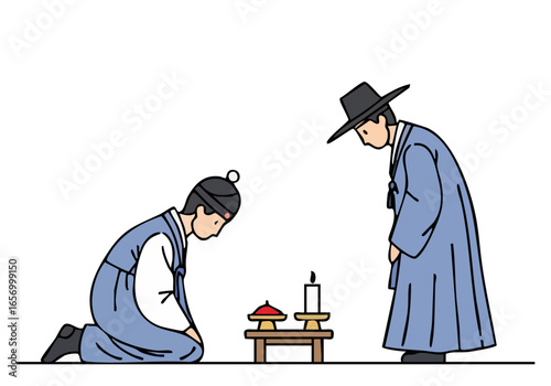 man and woman perform an ancestral honor ritual kneeling before an altar Traditional Korean clothing and a solemn expression convey respect and heritage Clean minimalist illustration