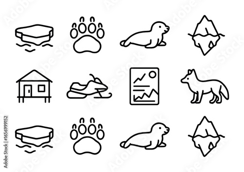 Arctic Wildlife Icons. Outline icon set of Arctic wildlife protection: ice floe, polar bear paw, seal, melting