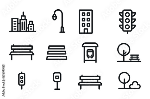 Urban Icons Grid. Outline icon set of urban environments: city skyline, street lamp, apartment building,