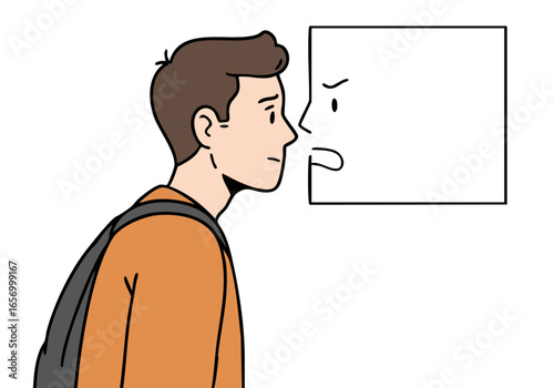 A young man confronts his fear, represented by a large square. He appears thoughtful and determined, embodying overcoming challenges. Modern illustration style.