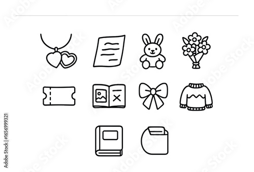 Sentimental Icon Collection. Outline icon set of sentimental objects: locket necklace, handwritten note,