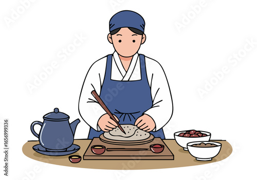 skilled artisan meticulously crafts Harvest Rice Cake showcasing traditional Korean culinary artistry Warm colors and detailed illustration offer a visually appealing and commercially viable image