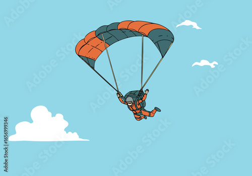A skydiver performs a fearless leap, soaring through the sky. Bold colors and a minimalist design create a dynamic and inspiring image. Perfect for motivational content.