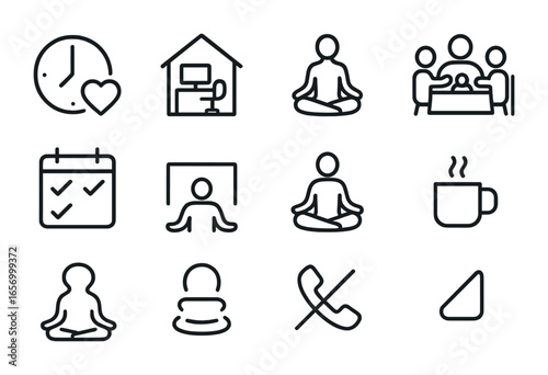Balance Icons Grid. Outline icon set of achieving work-life balance: clock with heart, home office, yoga pose,