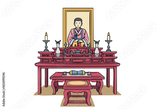 stylized illustration depicts a Chuseok ritual altar with candles and offerings The image evokes Korean tradition and heritage Clean lines and a vibrant pink background create a striking visual