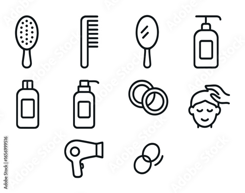Hair Care Icons. Outline icon set of brushing hair: hairbrush, comb, mirror, shampoo bottle, conditioner,
