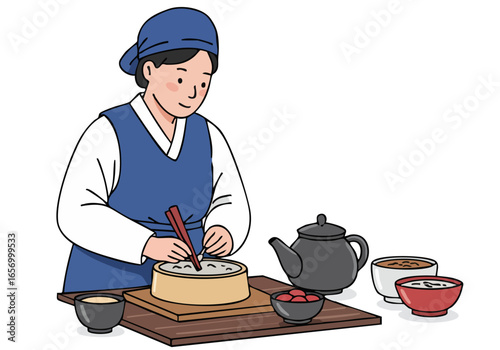 woman in traditional Korean attire skillfully crafts a harvest rice cake Warm colors and a rustic setting evoke a sense of heritage and culinary artistry Perfect for food culture or lifestyle themes