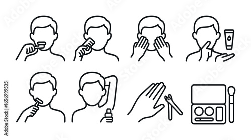 Daily Grooming Icons. Outline icon set of daily grooming habits: brushing teeth, combing hair, washing face,