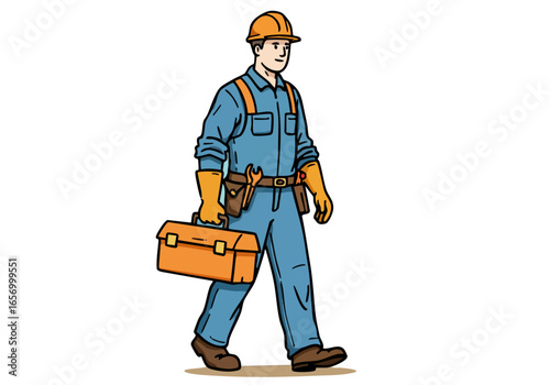 A vintage-style illustration depicts a construction worker proudly carrying a tool box. Bold lines and a retro aesthetic convey 'Labor Tools' pride. Suitable for commercial use.