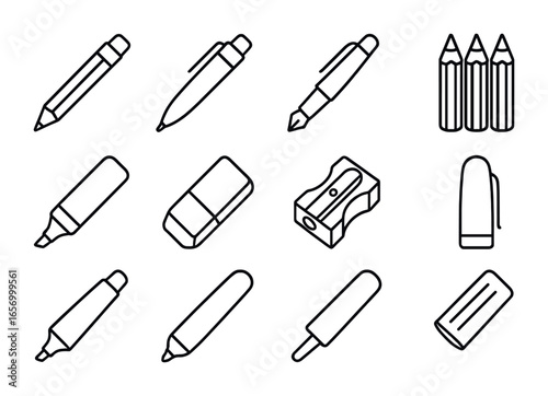 Writing Tools Icons. Outline icon set of writing tools: mechanical pencil, ballpoint pen, fountain pen,