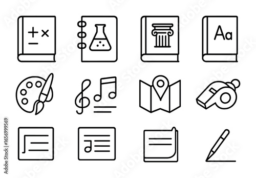 School Subjects Icons. Outline icon set of school subjects materials: math book, science notebook, history