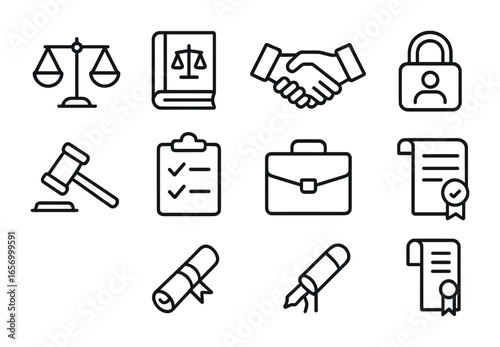 Legal Ethics Icon Set. Outline icon set of legal ethics and responsibilities of legal practitioners: justice