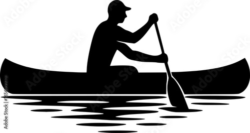 Flat monochrome silhouette of a canoe with paddler. Ideal for water sports icons, outdoor adventure, kayaking apps, and vector illustrations