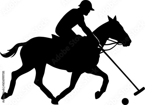 Black and white silhouette of a polo player with stick in action. Ideal for sports branding, team logos, equestrian events, and athletic vector illustrations