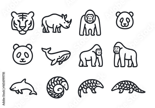 Endangered Species Icons. Outline icon set of endangered species: tiger, rhino, orangutan, panda, blue whale,