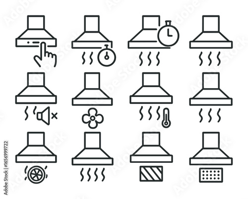 Range Hood Icons. Outline icon set of range hood features: touch control, timer, auto shut-off, noise