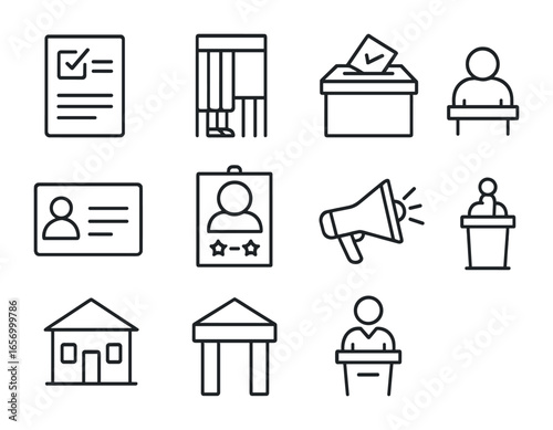 Election Icon Set. Outline icon set of election and voting: ballot paper, voting booth, election box, voter ID