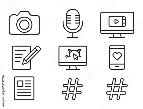 Marketing Icon Set. Outline icon set of marketing content creation: camera, microphone, video editing,