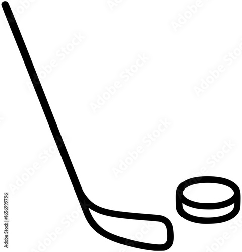 Minimalist vector outline icon of hockey stick and puck. Simple sport symbol for ice hockey, team competition, training, championship, and athletic equipment illustration