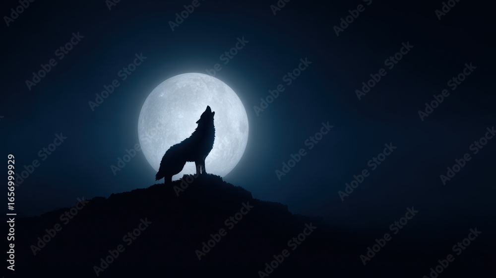Fototapeta premium Silhouette of wolf howling on hilltop under bright full moon in dark night sky, creating mysterious and eerie atmosphere