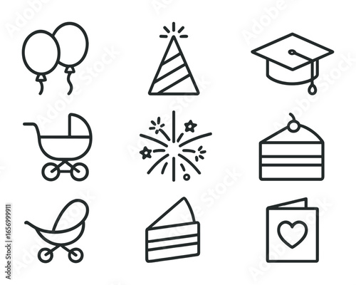 Celebration Icons Grid. Outline icon set of celebrations and milestones: balloons, party hat, graduation cap,