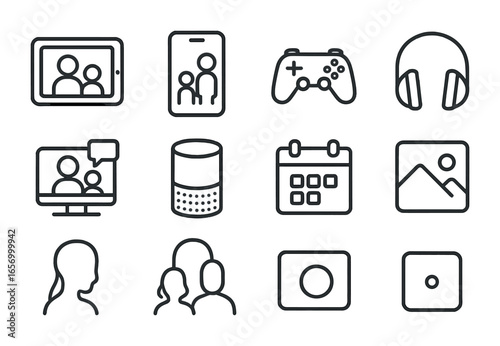 Family Tech Icons Grid. Outline icon set of family technology use: tablet, smartphone, game controller,