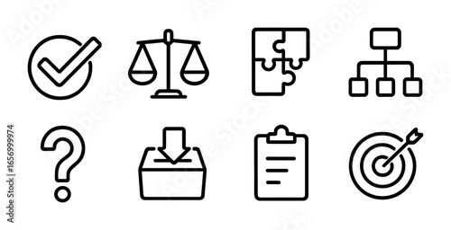 Decision Icons Grid. Outline icon set of decision making: checkmark, scales, puzzle pieces, flowchart,