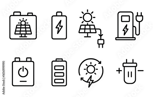 Solar Energy Icon Set. Outline icon set of solar energy storage: lithium battery, power bank, energy flow,