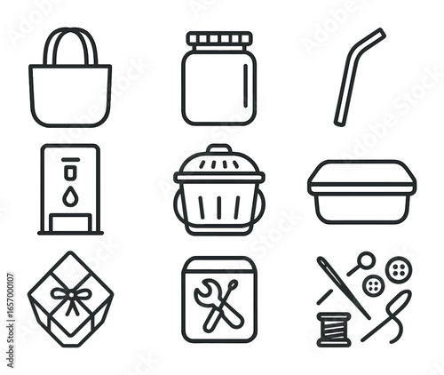 Zero-Waste Living Icons. Outline vector icons of zero-waste living: cloth bag, glass jar, metal straw, refill
