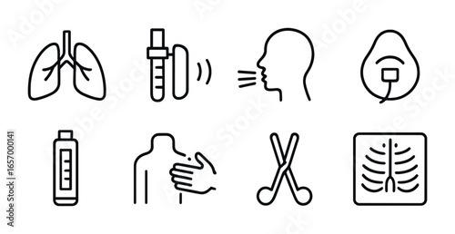 Respiratory System Icons. Outline vector icons of respiratory system check: lung icon, spirometer, breath