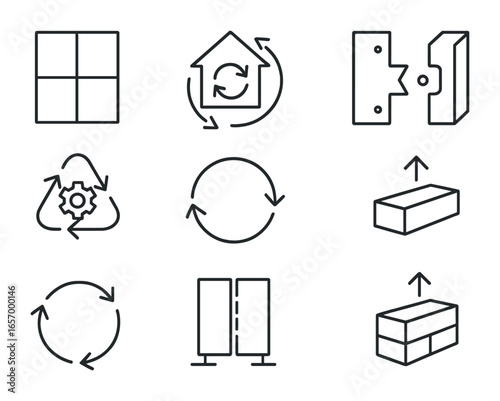 Lifecycle Building Icons. Outline vector icons of lifecycle building design: modular floorplan, adaptive reuse