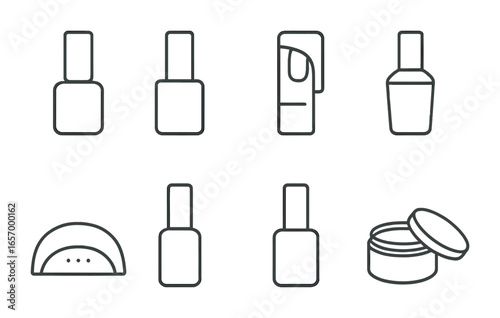 Gel Polish Essentials Icons. Outline vector icons of gel polish essentials: gel bottle, UV base coat, soak-off