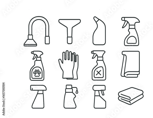 Couch Cleaning Icons. Outline vector icons of couch cleaning supplies: vacuum hose, upholstery attachment,