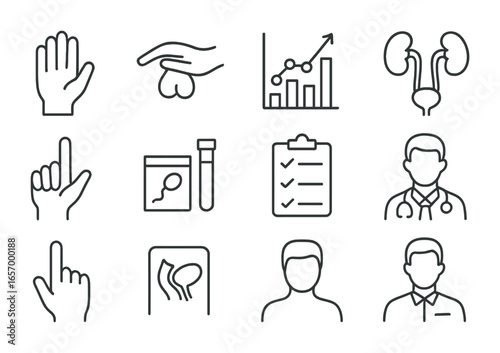 Men's Health Icons. Outline vector icons of men's health check: prostate exam glove, testicular palpation,