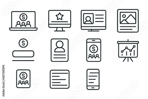 Funding Platform Icons. Outline vector icons of funding platforms: laptop screen, crowdfunding site, user